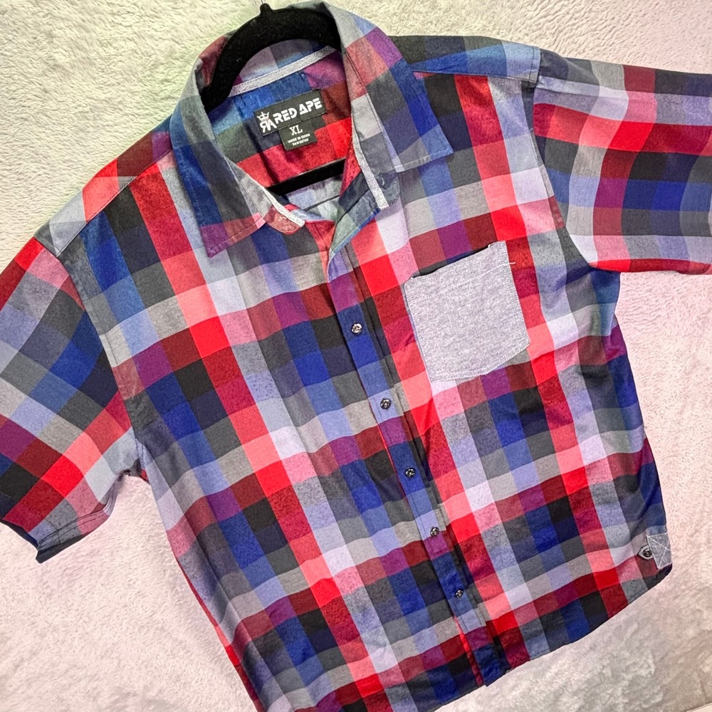 Red Ape Mens Shirt XL Multicolor Plaid Short Sleeve Contrast Pocket Button Down